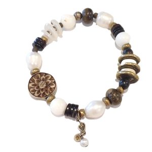 Silpada B1989 Pearl Bronzite Howlite Brass Sterling Silver Stretch Bracelet